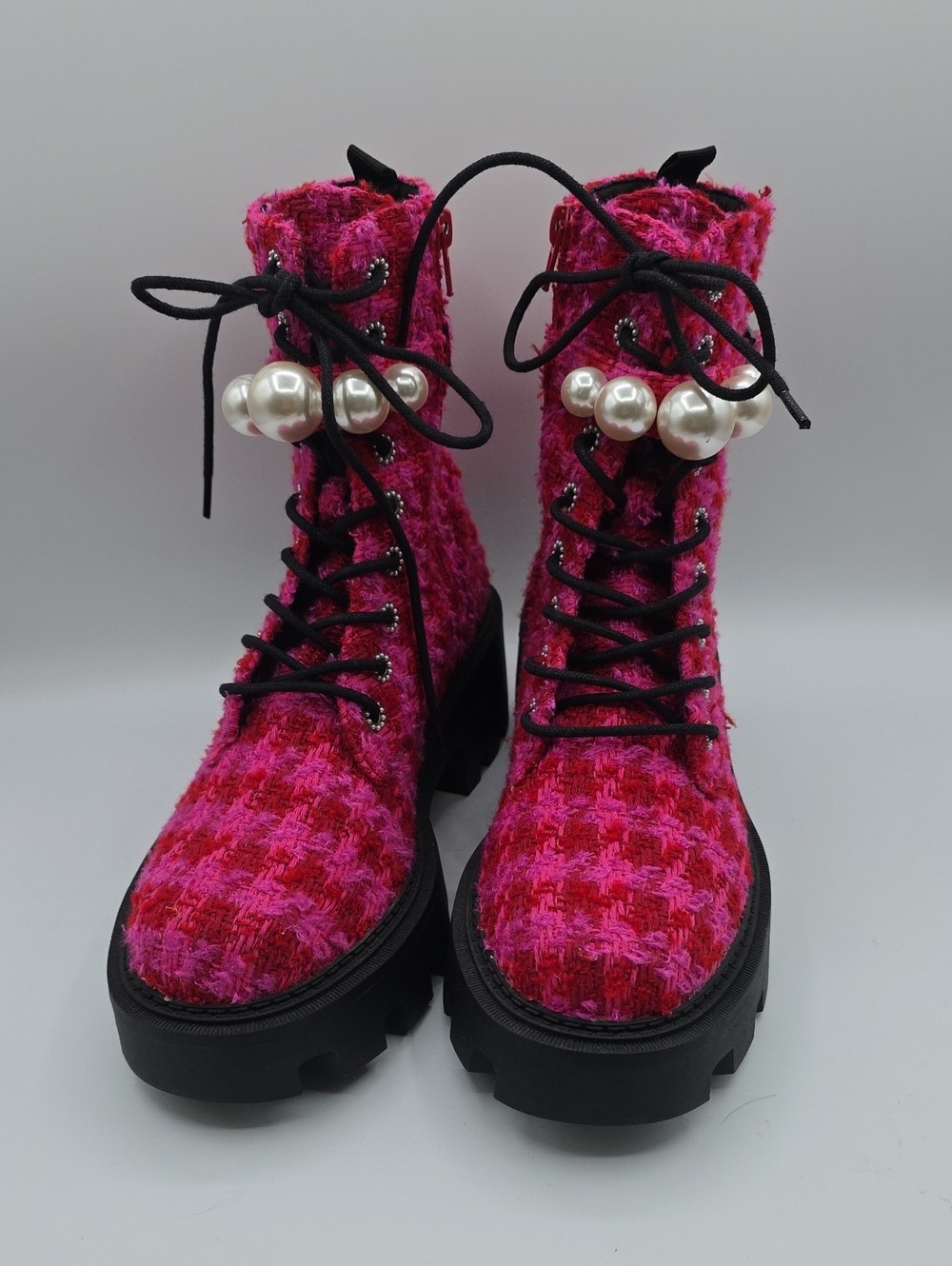 Betsey Johnson Jonnie Hot Pink & Red Tweed Lace-Up Combat Boots w/Pearl Accent
